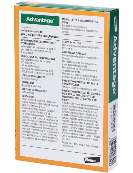 Advantage Spot On 4 Pipette 0,4ml Antiparassitario Gatti/Conigli Piccoli