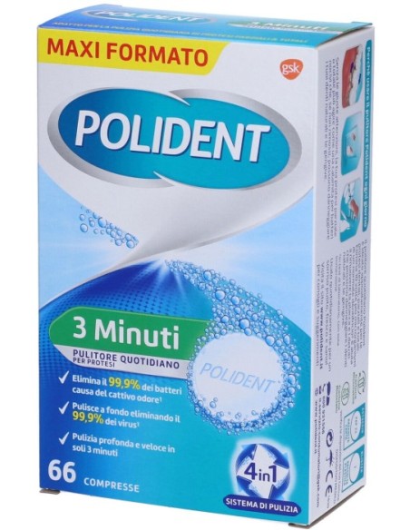 Polident 3 Minuti Pulitore Protesi Dentale Quotidiano 66 Compresse